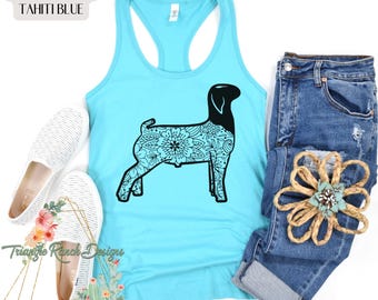 Getailleerd dames tanktop met bloemenprint, geschikt voor veetentoonstellingen, kermis en jaarmarkt, met bloemenprint van een geit, en een afbeelding van een Amerikaanse Boergeit.