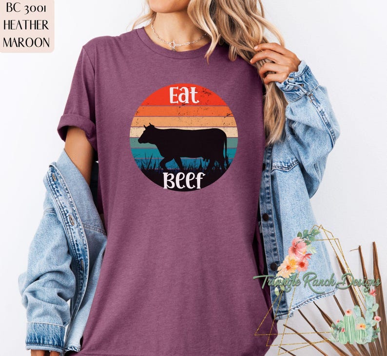 Eat beef T-shirt, western cowboy tee, rodeo t-shirt, western tee, cattle tee, Ranch shirt, Texas cattle ranch, Eat American Beef, USA Beef Heather Maroon