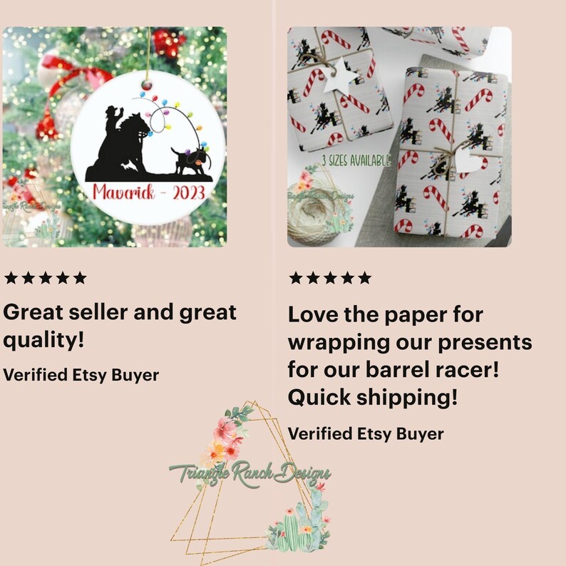 May include: A white ceramic Christmas ornament with a black silhouette of a horse and rider, with the text "Maverick - 2023". The ornament is hanging on a Christmas tree.