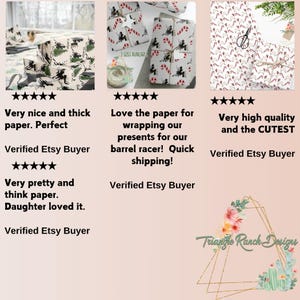 May include: Three Etsy customer reviews for wrapping paper. The first review is for a green and white wrapping paper with a Christmas tree design. The second review is for a red and white wrapping paper with a candy cane design. The third review is for a red and white wrapping paper with a small white horse design. All three reviews are five stars.