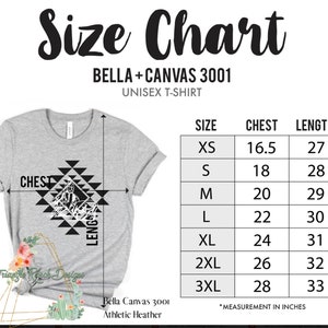 May include: Size chart for Bella + Canvas 3001 unisex t-shirts. The chart shows chest and length measurements in inches for sizes XS to 3XL.