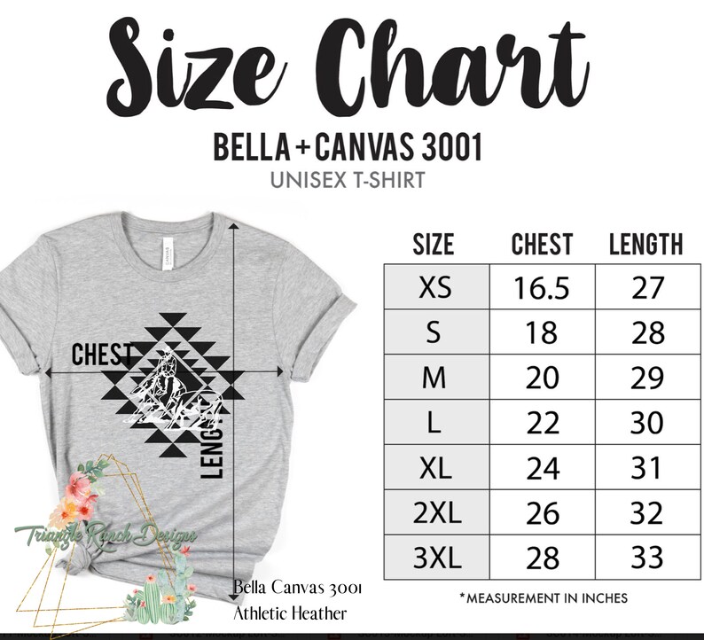 May include: Size chart for Bella + Canvas 3001 unisex t-shirts. The chart shows chest and length measurements in inches for sizes XS to 3XL.