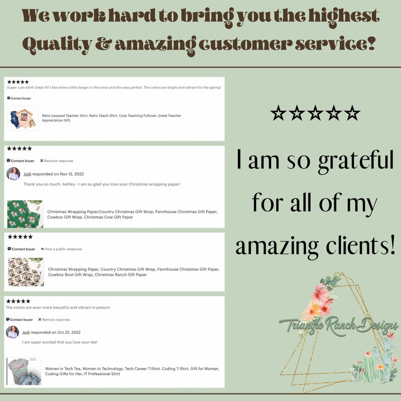 May include: Five-star reviews for a small business with the text "We work hard to bring you the highest Quality & amazing customer service!" and "I am so grateful for all of my amazing clients!"  The reviews feature images of a leopard print teacher shirt, Christmas wrapping paper, and a women in tech t-shirt.