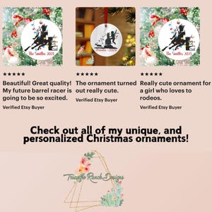 May include: Three white ceramic Christmas ornaments with a black silhouette of a girl riding a horse. The ornaments are personalized with the text "The Smiths 2023" and "Brooke - 2024".