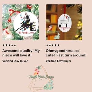 May include: Two personalized Christmas ornaments. The first ornament is white with a black silhouette of a person riding a horse. The ornament has the text "The Smiths 2023". The second ornament is white with a black silhouette of a sheep. The ornament has the text "Triangle Ranch 2023".