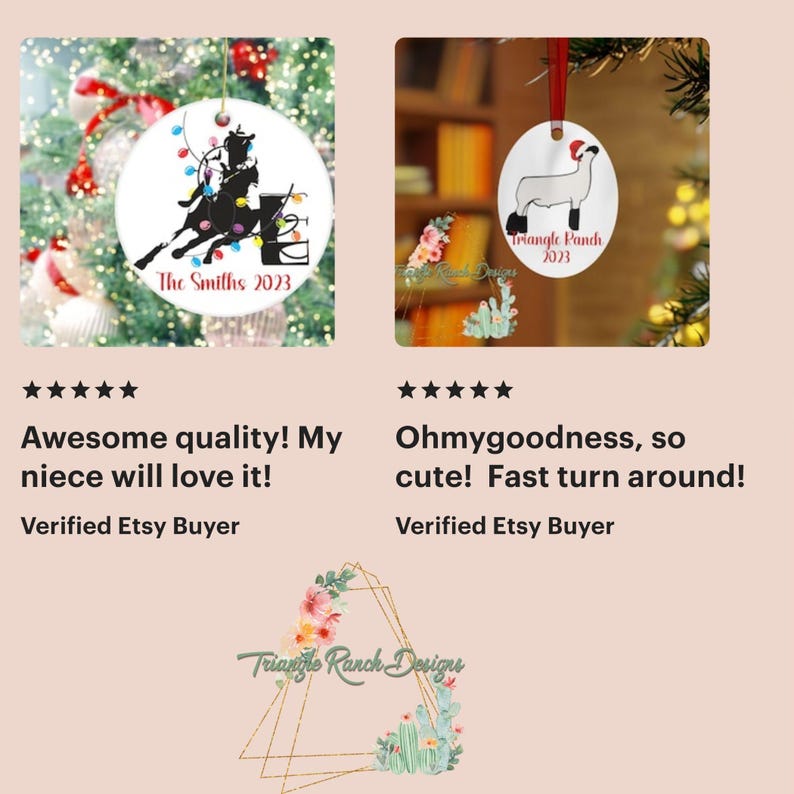 May include: Two personalized Christmas ornaments. The first ornament is white with a black silhouette of a person riding a horse. The ornament has the text "The Smiths 2023". The second ornament is white with a black silhouette of a sheep. The ornament has the text "Triangle Ranch 2023".