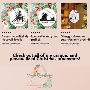 May include: Three personalized Christmas ornaments with white backgrounds and colorful designs. The first ornament features a silhouette of a horse and rider with the text "The Smiths 2023". The second ornament features a silhouette of a horse and rider with the text "Maverick 2023". The third ornament features a white sheep with the text "Triangle Ranch 2023".