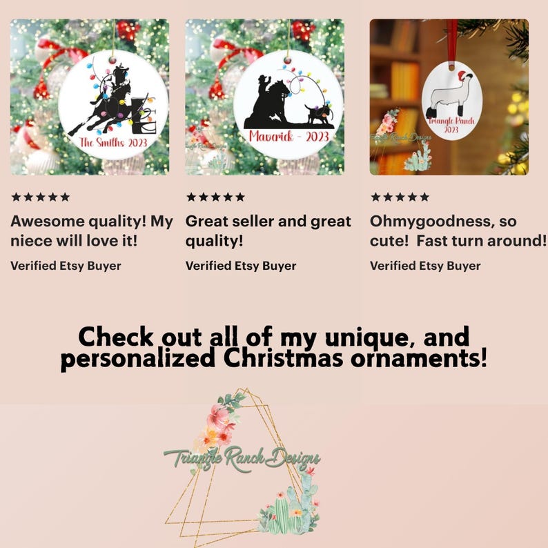 May include: Three personalized Christmas ornaments with white backgrounds and colorful designs. The first ornament features a silhouette of a horse and rider with the text "The Smiths 2023". The second ornament features a silhouette of a horse and rider with the text "Maverick 2023". The third ornament features a white sheep with the text "Triangle Ranch 2023".