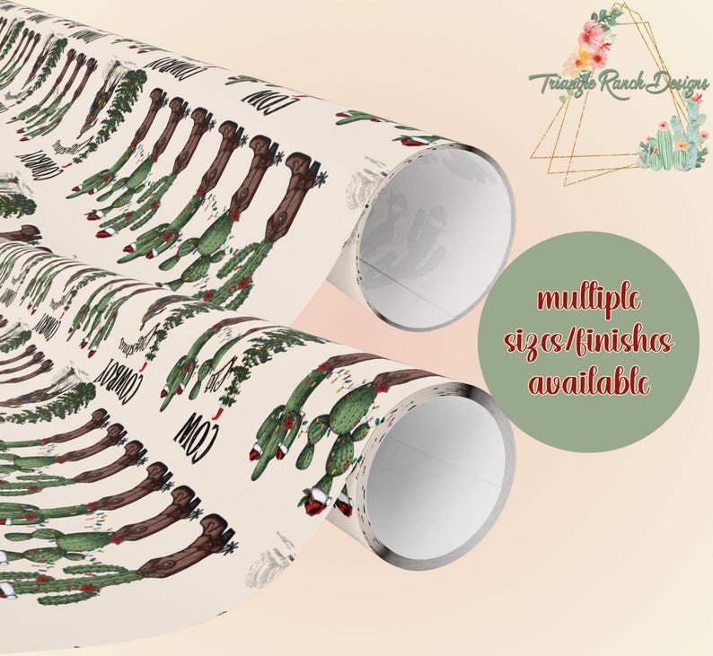 May include: A roll of wrapping paper with a cactus and cowboy boot design. The paper is cream colored with green cacti and brown cowboy boots. The text "MOO" and "COWBOY" is printed on the paper.