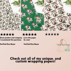 May include: Three different designs of wrapping paper featuring a Christmas theme. The first design features a white cow wearing a Santa hat and a green background. The second design features a white cow wearing a Santa hat and a green background. The third design features a cactus with a cowboy hat and the text "Cowboy Christmas".