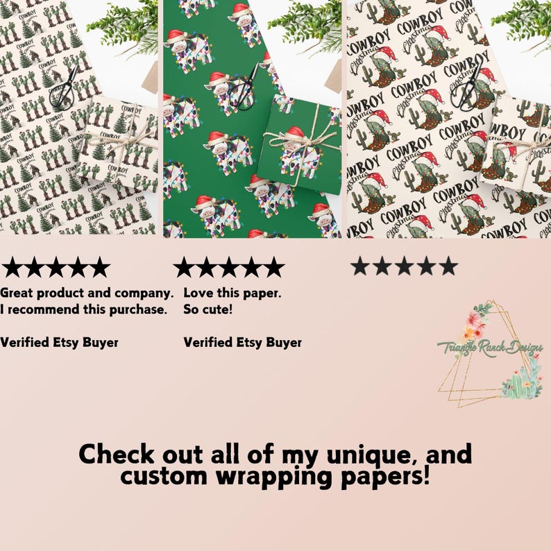 May include: Three different designs of wrapping paper featuring a Christmas theme. The first design features a white cow wearing a Santa hat and a green background. The second design features a white cow wearing a Santa hat and a green background. The third design features a cactus with a cowboy hat and the text "Cowboy Christmas".