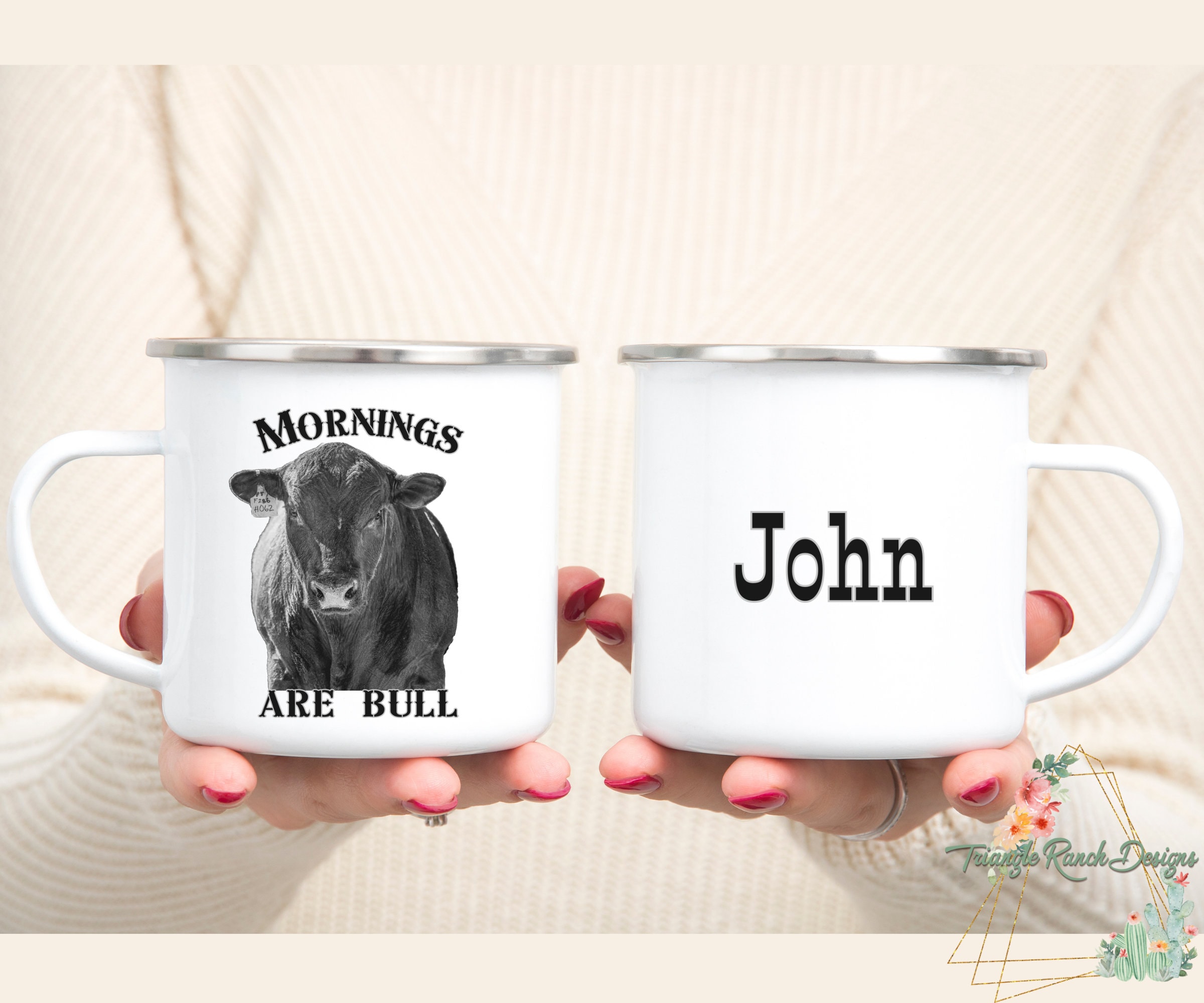 Personalized MORNINGS are Bull Enamel Gift Coffee Cup, Farmhouse Coffee Cup, Cowboy Mug,Angus Bull Mug,Coffee Before Talkie, Enamel Camp Mug