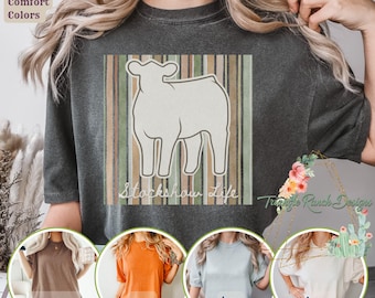 Stockshow Life Heifer T-shirt, Western Livestock T-shirt, Western Livestock Graphic, Gestreepte achtergrond, Vintage Gestreept Shirt, Show Day Farm Tee