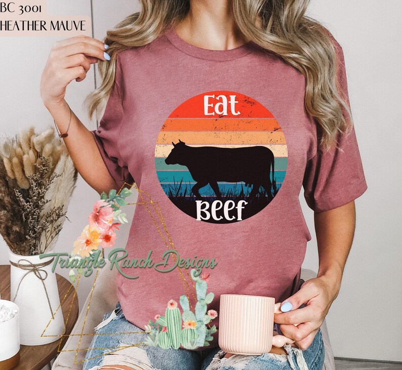 Eat beef T-shirt, western cowboy tee, rodeo t-shirt, western tee, cattle tee, Ranch shirt, Texas cattle ranch, Eat American Beef, USA Beef Heather Mauve