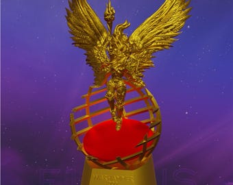Angel with sword standing on sphere. Winner cup for various board and sports games