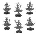 Mythical bird-girls with bows, quivers and arrows on a flying disks. Shaman with magic staff product logo