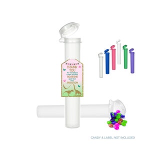 Könnte beinhalten: Transparente Plastikröhrchen mit Deckeln, perfekt für Partygeschenke. Die Röhrchen sind mit bunten Süßigkeiten gefüllt. Ein rosa-grünes Etikett mit goldenen Glitzer und Dinosaurier-Illustrationen lautet "Vielen Dank für deinen Besuch Ich hoffe, du hattest eine TOLLEN Zeit! Liebe, MADISON".