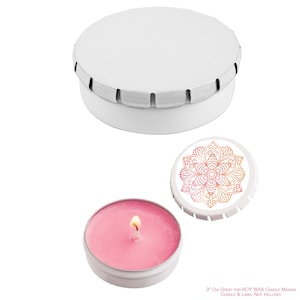 May include: A white metal tin with a decorative mandala design on the lid. The tin is 3 inches in diameter and is great for soy wax candle making. Candle and label not included.