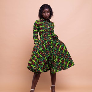 Eva Button Down Shirt Dress, print dress, gathered dress, african print, ankara dress, midi dress, midi, dress, african clothing image 1