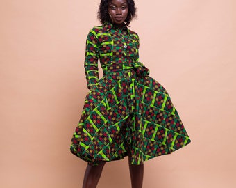 Eva Button Down Shirt Dress, print dress, gathered dress, african print, ankara dress, midi dress, midi, dress, african clothing