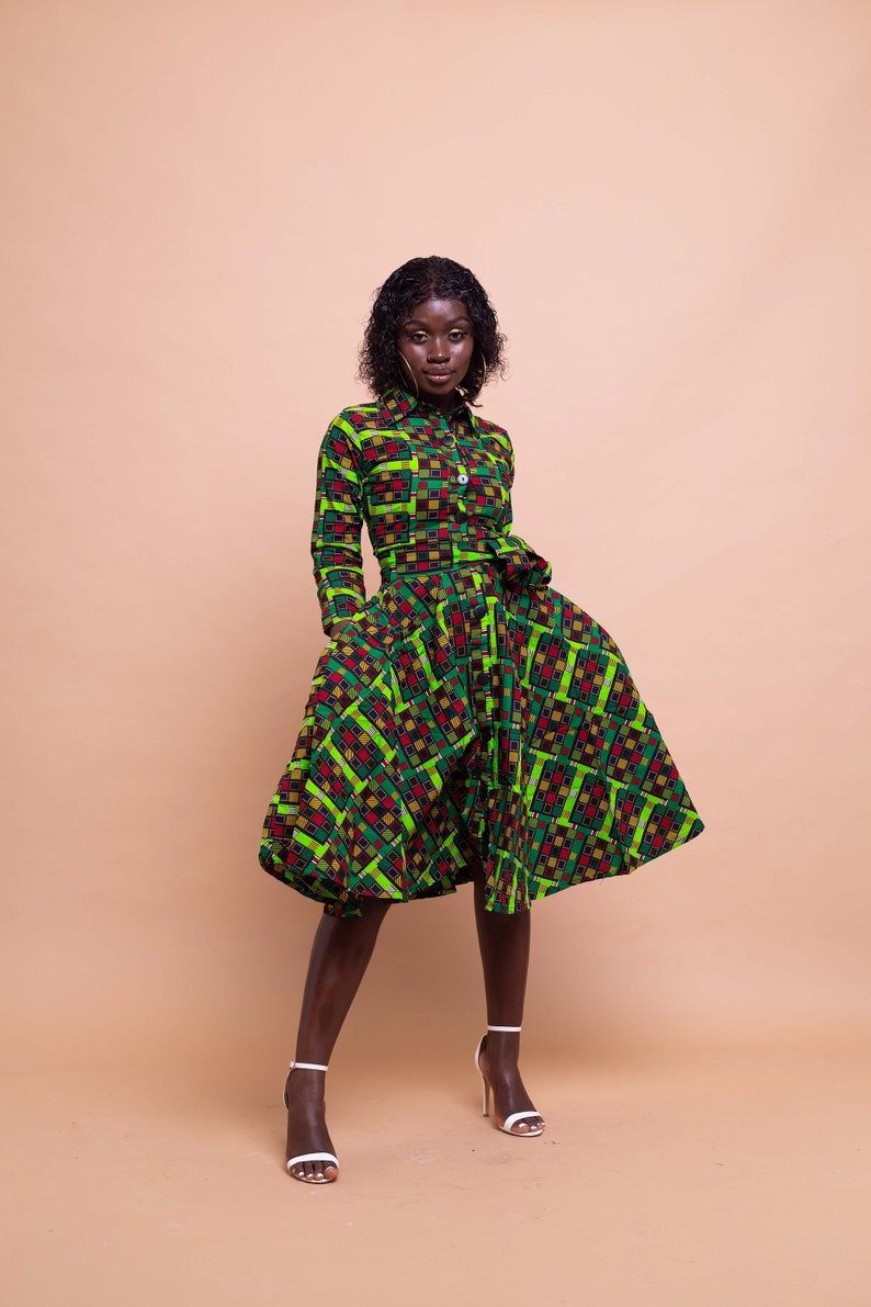 Eva Button Down Shirt Dress, print dress, gathered dress, african print, ankara dress, midi dress, midi, dress, african clothing image 1