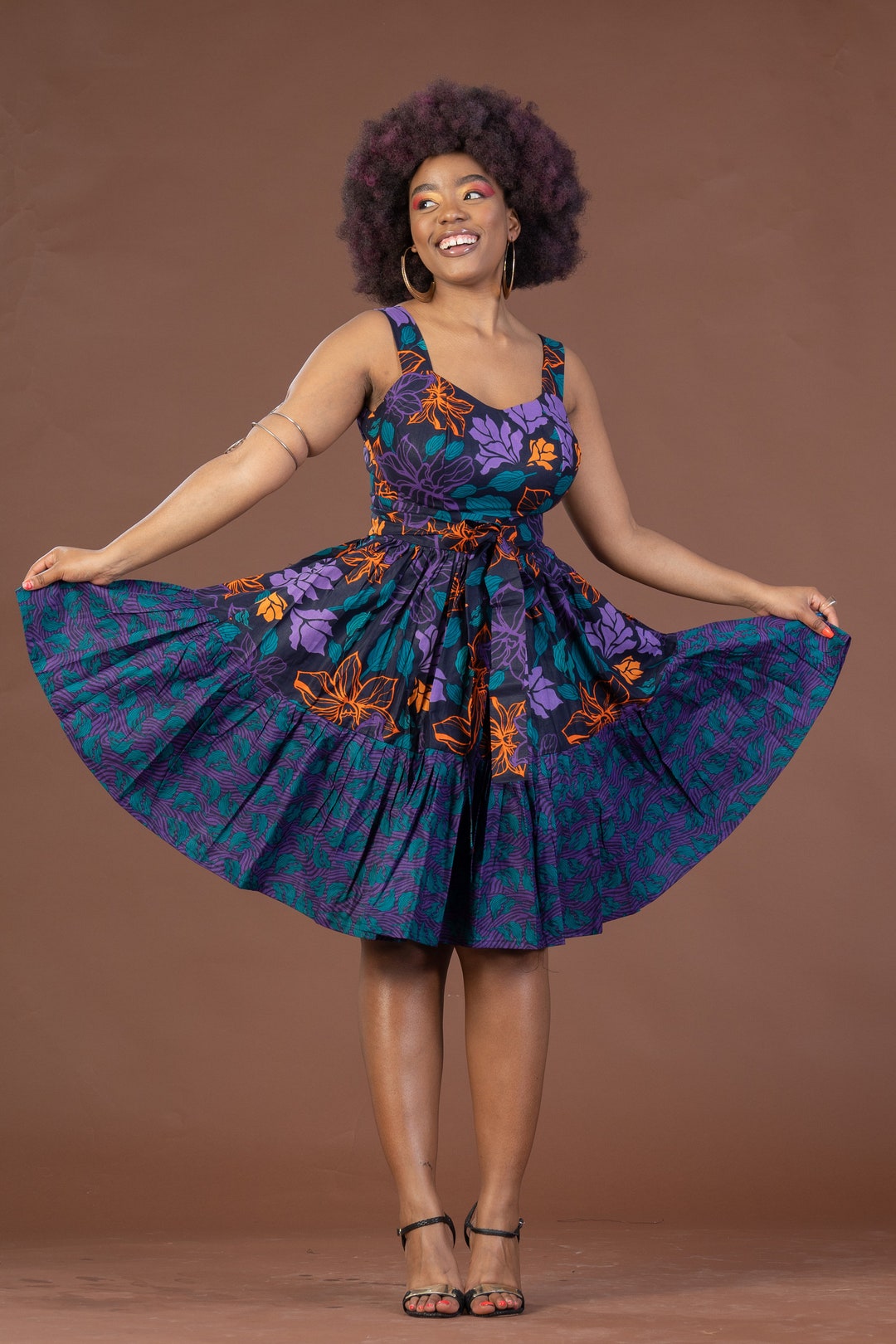 Ada Midi Belted Ankara Dress Jewel Earth