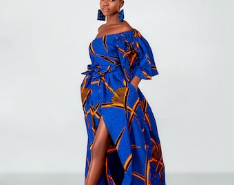 Robe longue Toni Ankara, décolleté surplis, robe imprimée, robe froncée, robe imprimée africaine, robe ankara, robe longue, vêtements africains