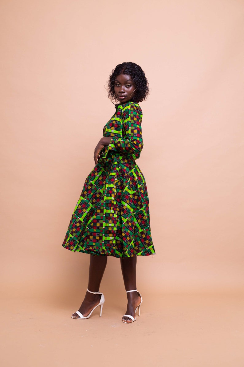 Eva Button Down Shirt Dress, print dress, gathered dress, african print, ankara dress, midi dress, midi, dress, african clothing image 3