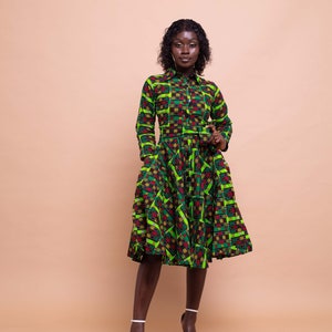 Eva Button Down Shirt Dress, print dress, gathered dress, african print, ankara dress, midi dress, midi, dress, african clothing image 2