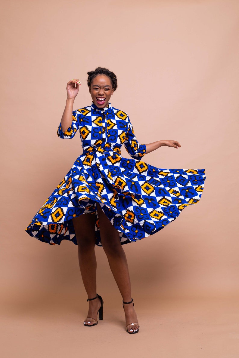 Emilia Button Down Shirt Dress, print dress, gathered dress, african print, ankara dress, midi dress, midi, dress, african clothing image 1