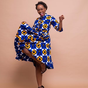 Emilia Button Down Shirt Dress, print dress, gathered dress, african print, ankara dress, midi dress, midi, dress, african clothing image 2