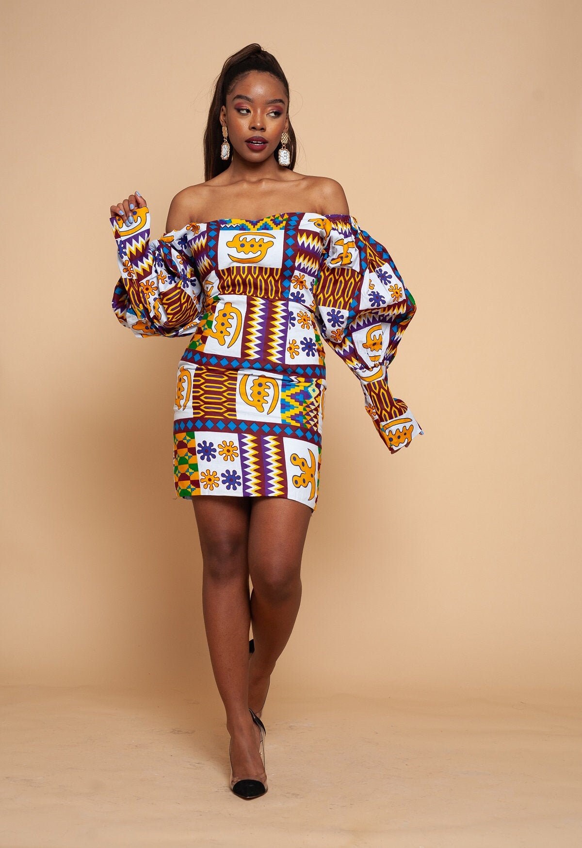 Image of Ankara Dress, Off Shoulder Pencil African Print Floral Dress