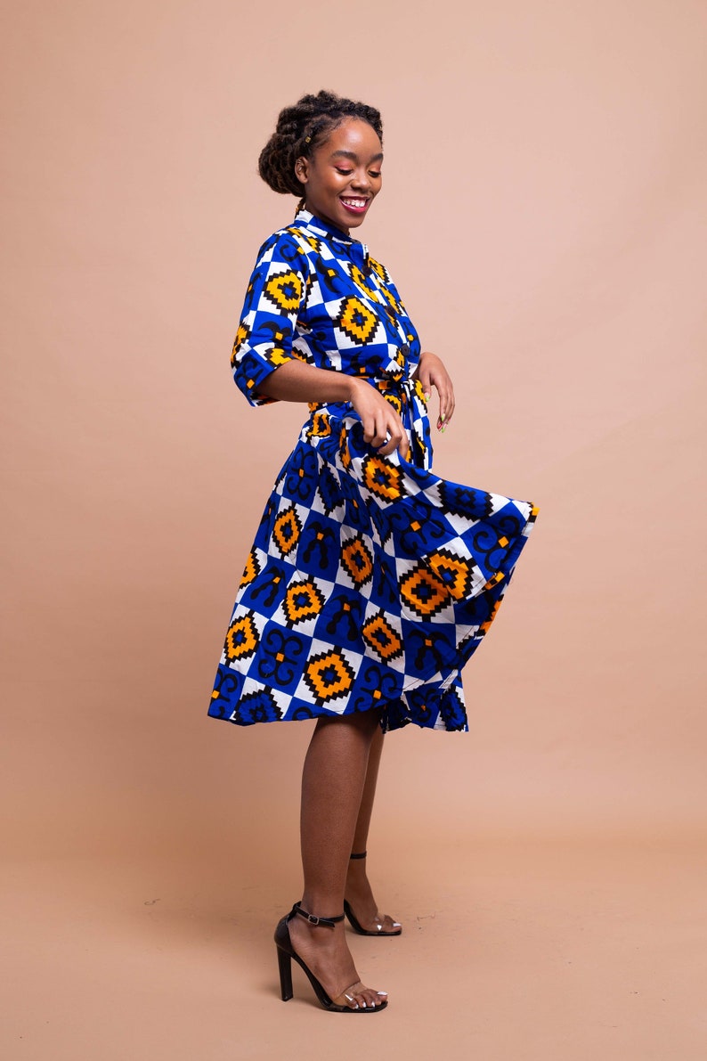 Emilia Button Down Shirt Dress, print dress, gathered dress, african print, ankara dress, midi dress, midi, dress, african clothing image 3