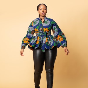 African Print Blouse, African Pussybow Peplum Top, Dashiki Blouse, African  Top, African Clothing, Long Sleeved Top, Peplum Blouse DEBRA 