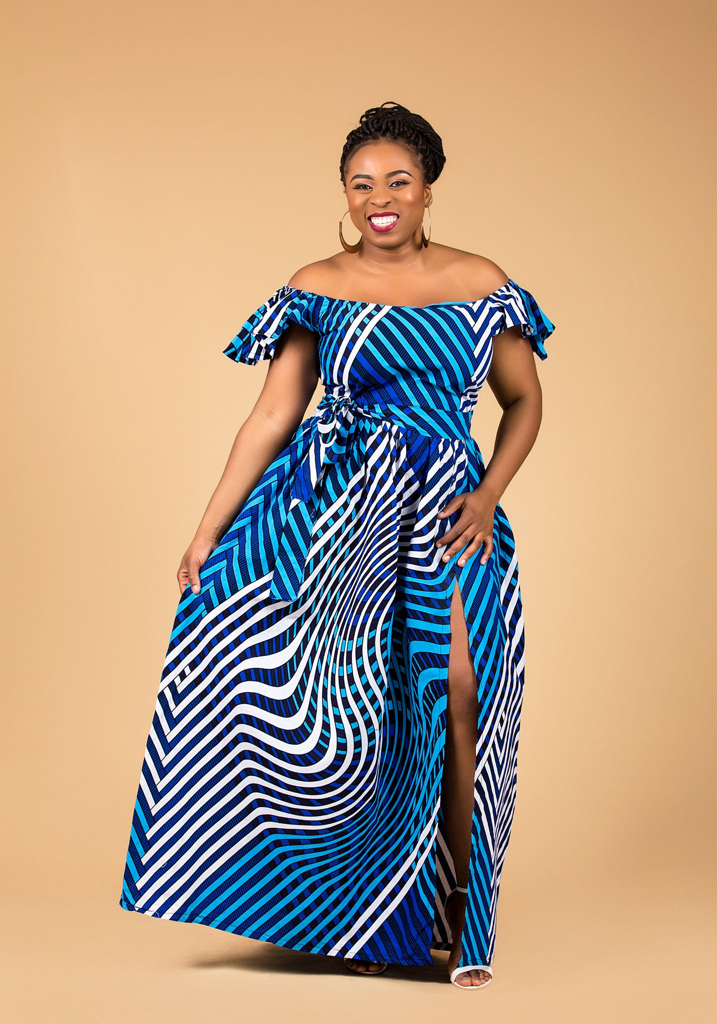 Image of Ankara Off Shoulder Maxi Dress, Print Gathered African Ankara Maxi, Clothing