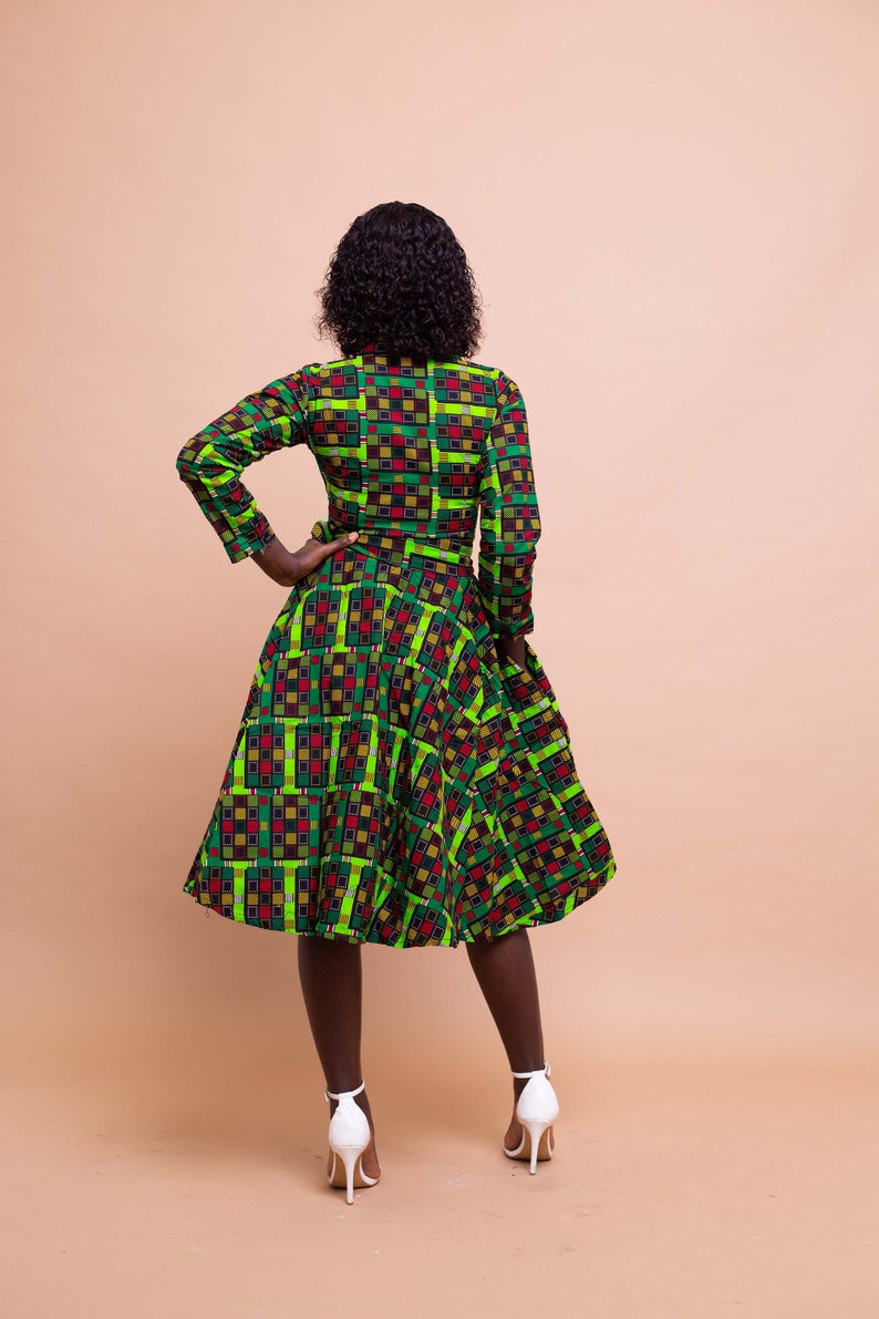 Eva Button Down Shirt Dress, print dress, gathered dress, african print, ankara dress, midi dress, midi, dress, african clothing image 4