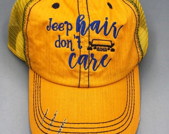 Jeep Hair Don't Care Hat - Yellow Hat, Blue Stitching, Black Jeep - ONE OF A KIND
