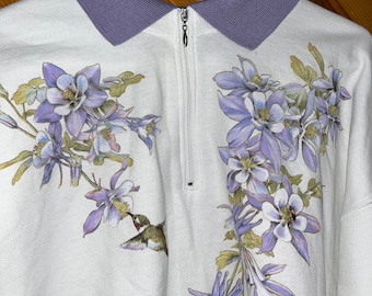 Hummingbirds & Flowers Artsy Sweatshirt - TUNIC LENGTH - Light Purple/Lavender On White - Oversized XL 51" x 30"