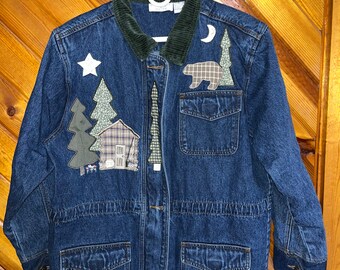 Vintage 90s New? Heavy Denim Coat - HUGE Nature Appliques/Patches Front AND Back - Full Zip - 3 Pockets - Corduroy Collar&Cuffs - L 46x29.5
