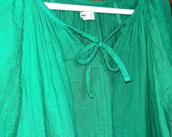 Emerald/Kelly Green Cotton Gauze Tiered Dress - 3/4 Elastic End Sleeves - Tie Neck - Pockets - Wide Bottom Hem - Size XXL 48"x40"