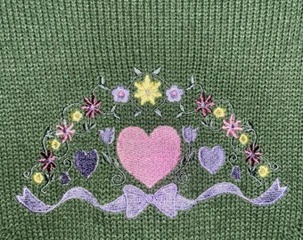 Vintage Green Pullover 100% Acrylic Sweater With Appliqued Pink Heart, Bow, Ribbon & Flowers - Tulips, Daisies - Oversized Large 49"