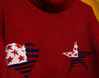 HEAVY/THICK Red Turtleneck Cotton Sweater With Appliqued Patriotic Heart & Star/Wide White Stripes On 1 Sleeve - xl/xxl But Fits L 44"x26.5"