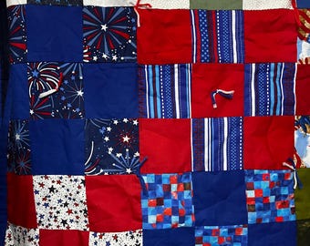 Handmade Patriotic Red, White & Blue Heavyweight Pieced Cotton Lap Quilt - MANY Different Vintage Americana Prints - Yarn Tied - 42"x72"