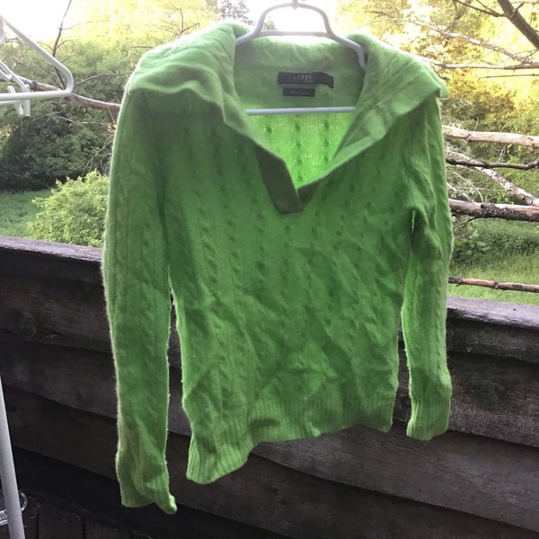 Lauren by Ralph Lauren Bright Green 100% Cashmere Pullover Sweater Shawl Collar V-Neck Size Small 36" & Petite/Cropped 22" Length