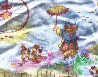 Handmade Child's Cotton Quilt With Delightful Old-Time Scene Of Children & Dogs Playing - Sky Blue Flannel Reverse - 38" x 41.5"