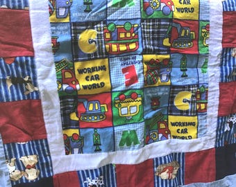 Toddler Boy's Handmade Small Thick FLANNEL Quilt - Astronauts/Spaceships, Heavyduty Trucks, Adorable Puppies - 32.5"x30"
