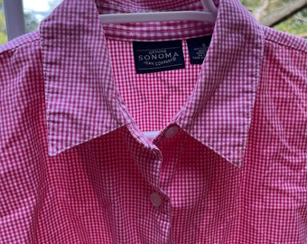 100% Cotton Pink & White Gingham Check Button Front Sleeveless Collared Blouse Size Small 38"