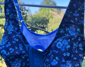 100% Cotton Full Coverage Bra - Blue With Blue Floral - Front Close, Lined Cups, No Padding, Wirefree 42B