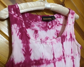 Bright Pink Tie Dye 100% COTTON Sleeveless Dress - Pullover With Tank Style Wide Straps - Made In The U.S.! - Size M 34"x33" Unstretched
