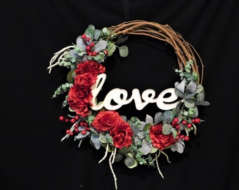 Valentine wreath, Valentines Day decor, Valentines Day gift, heart wreath for front door, wedding wreath, love sign, wedding decor, roses